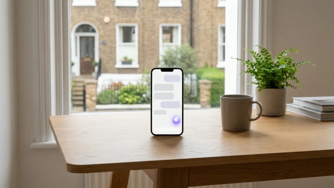 Smartphone mit KI-Chat auf einem Schreibtisch, im Hintergrund unscharf ein klassisches Backsteinhaus