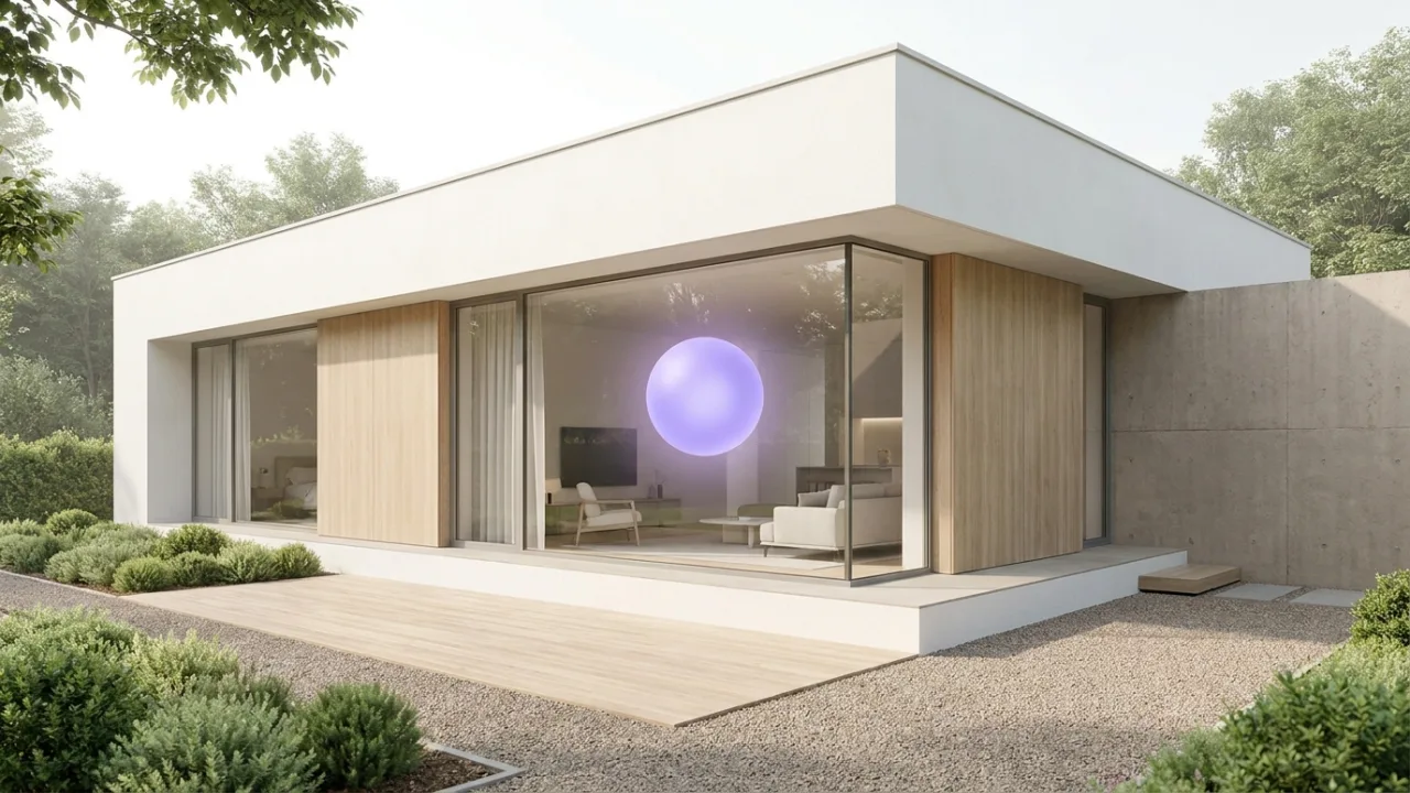 ein modernes weißes Einfamilienhaus mit schwebendem lila Lichtpunkt, Symbol für KI im Immobilienbüro