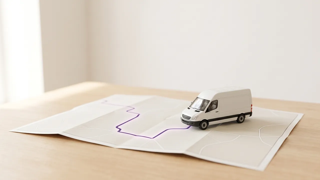 Modell eines weißen Transporters auf einer Straßenkarte mit lila Route, Symbol für die Anfahrtspauschale im Handwerk