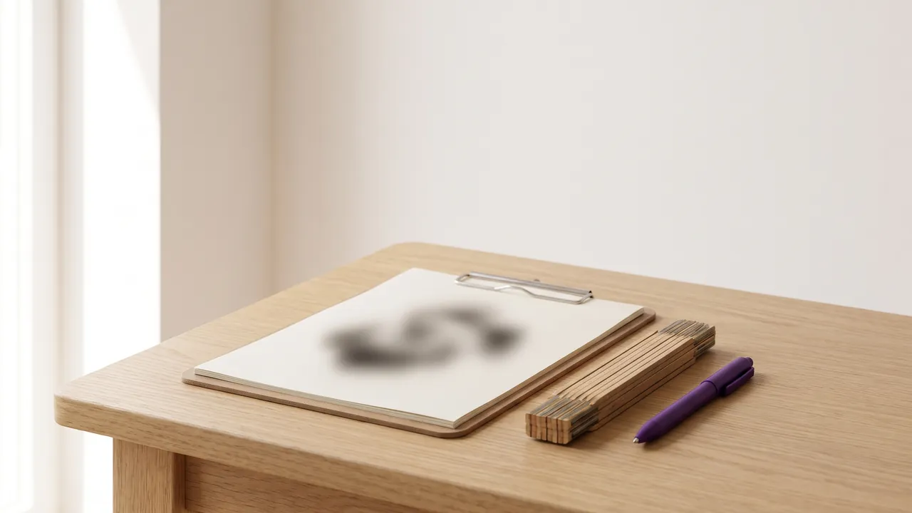 Klemmbrett, Zollstock und lila Stift auf einem Holztisch, Symbol für das Angebot schreiben als Handwerker