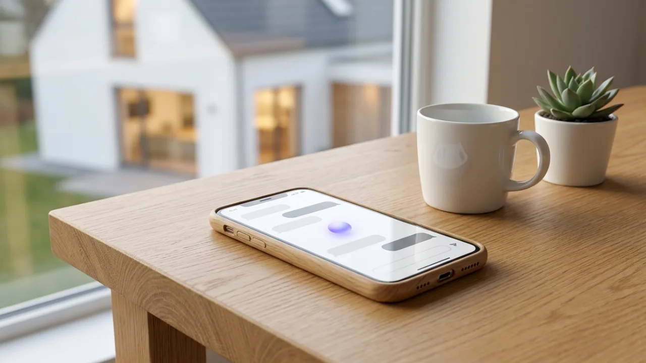 Smartphone mit KI-Chat auf einem Schreibtisch, im Hintergrund unscharf ein modernes weißes Einfamilienhaus