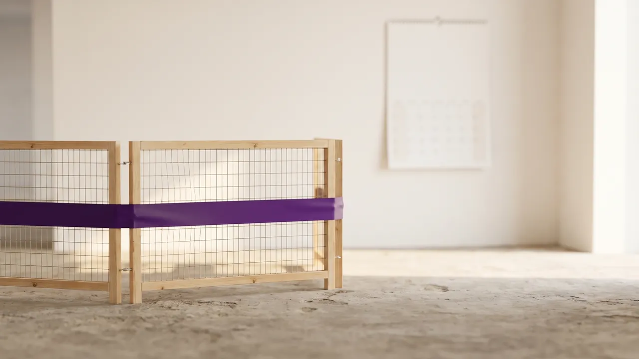 Kleiner Bauzaun mit lila Absperrband im Rohbau, im Hintergrund ein Wandkalender, Symbol für die Behinderungsanzeige