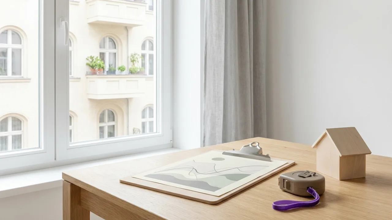 Klemmbrett mit Diagramm, Maßband und Modellhaus auf einem Schreibtisch, Symbol für Immobilienbewertung