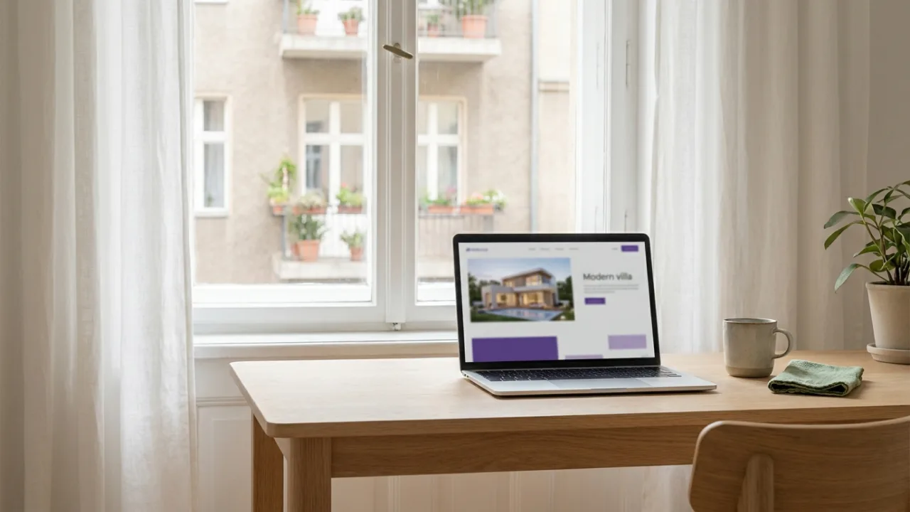 Laptop mit eleganter Immobilien-Website auf einem Schreibtisch, Symbol für Webseiten für Makler