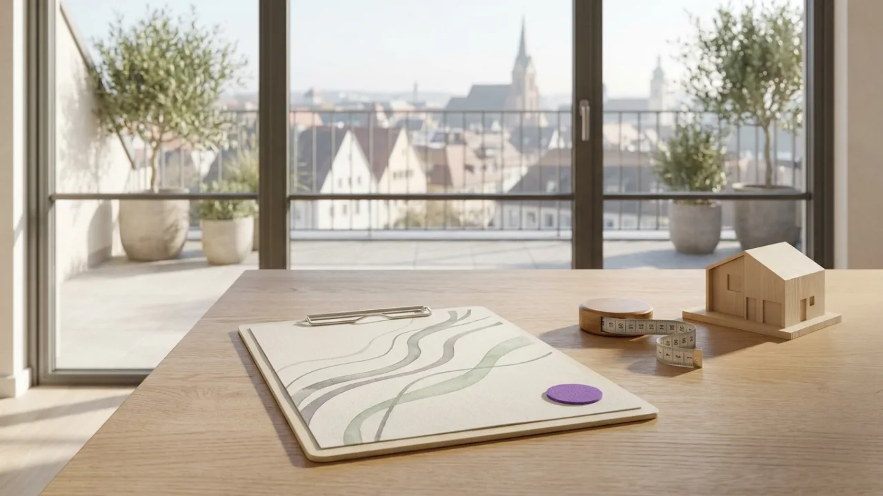 Klemmbrett mit Diagramm, Maßband und Modellhaus auf einem Schreibtisch, Symbol für Immobilienbewertung