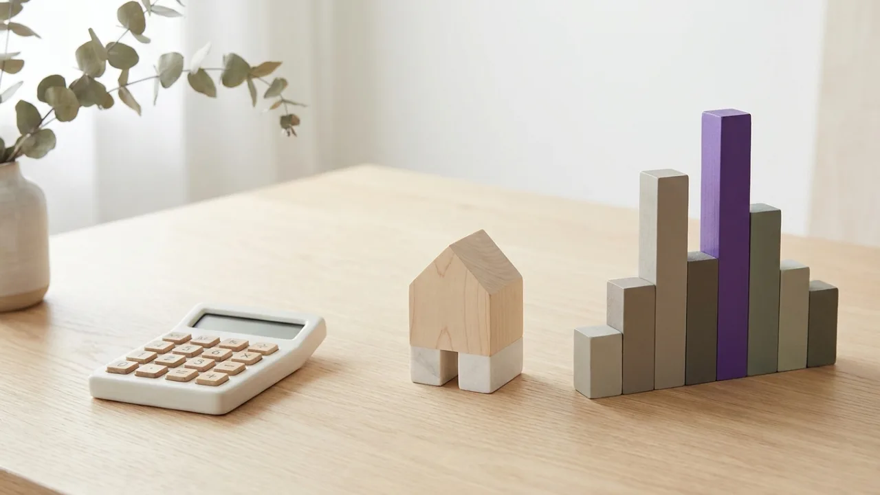Taschenrechner, Modellhaus und Balkendiagramm, Symbol für Wirtschaftlichkeit im Maklerbüro