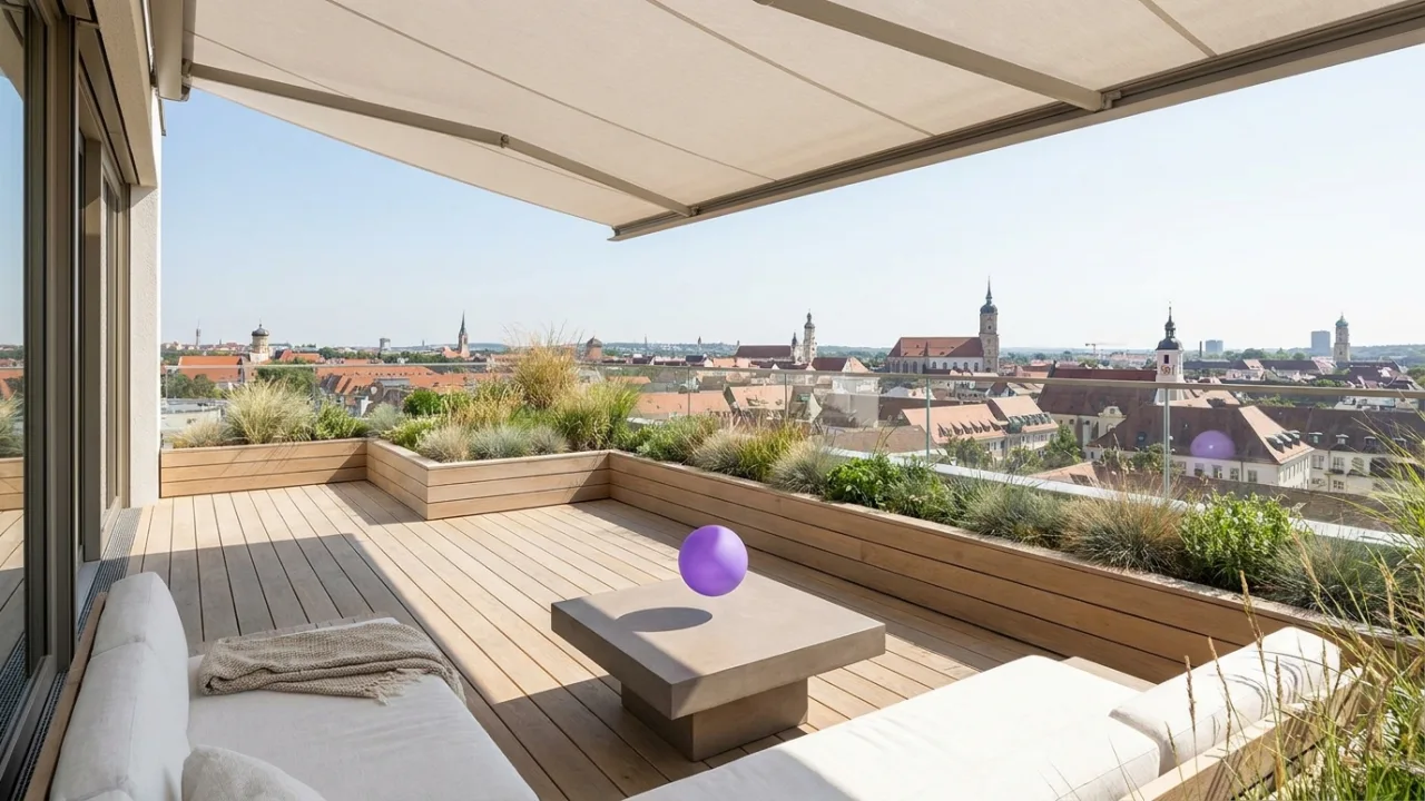 ein Flachdach-Bungalow mit Garten mit schwebendem lila Lichtpunkt, Symbol für KI im Immobilienbüro