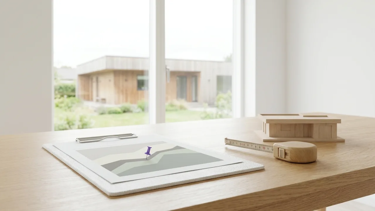 Klemmbrett mit Diagramm, Maßband und Modellhaus auf einem Schreibtisch, Symbol für Immobilienbewertung