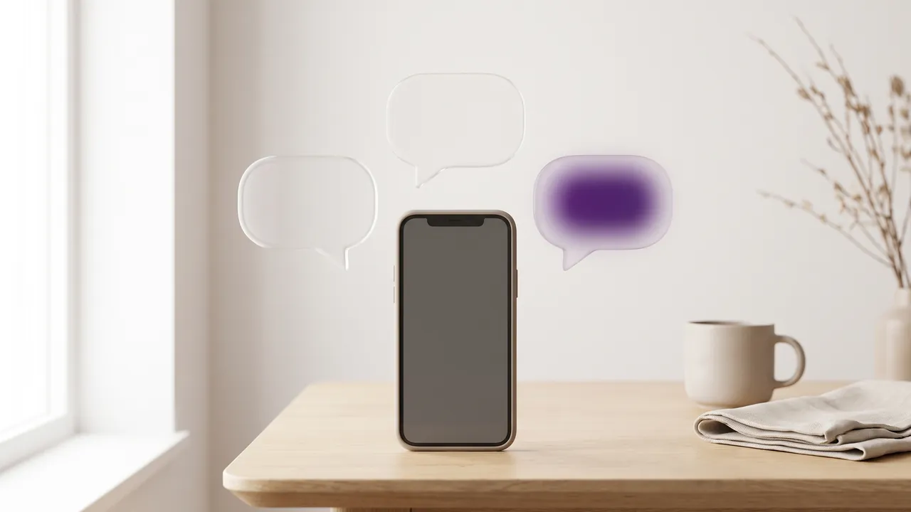 Smartphone auf einem Holztisch mit schwebenden Sprechblasen, eine davon lila, Symbol für Erfahrungen mit Blauarbeit