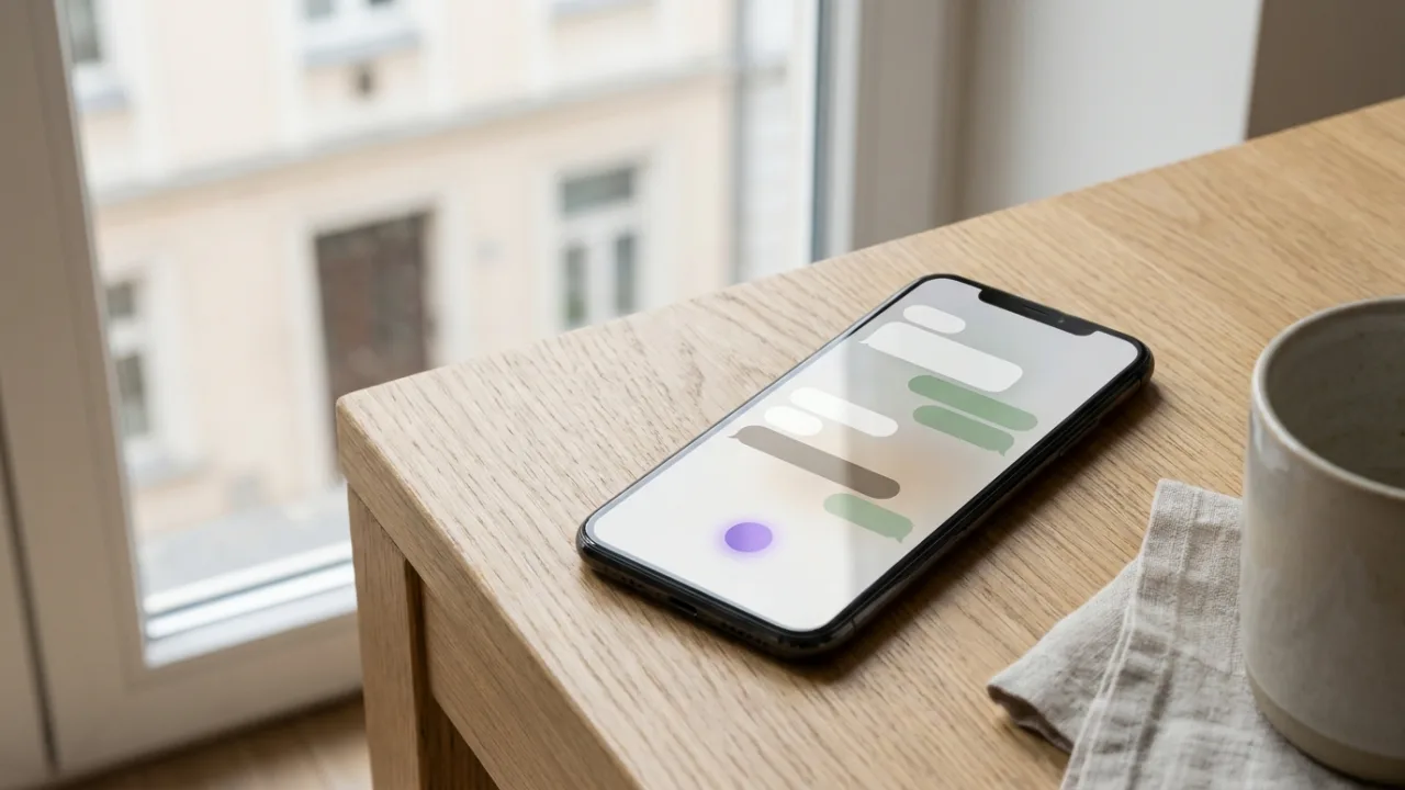 Smartphone mit KI-Chat auf einem Schreibtisch, im Hintergrund unscharf eine Penthouse-Terrasse über einer Stadt
