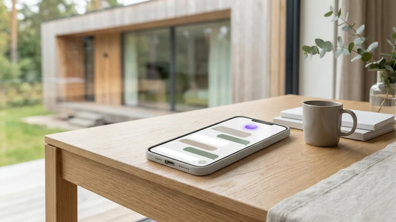 Smartphone mit KI-Chat auf einem Schreibtisch, im Hintergrund unscharf eine Villa aus Holz und Glas