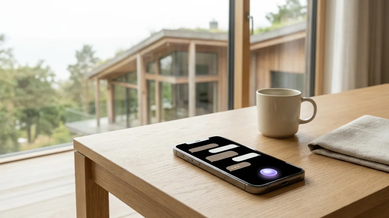 Smartphone mit KI-Chat auf einem Schreibtisch, im Hintergrund unscharf eine Villa aus Holz und Glas