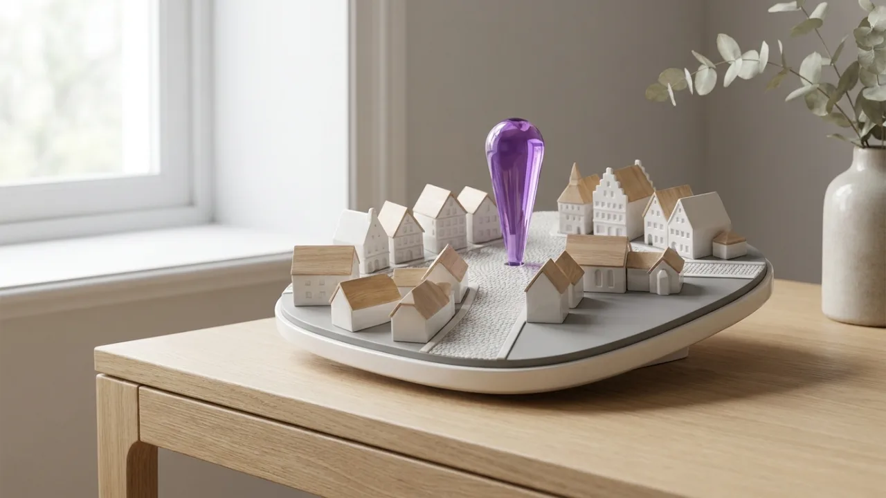 Stilisierte 3D-Karte einer Kleinstadt mit einer lila Markierung, Symbol für Sichtbarkeit in KI-Suchen