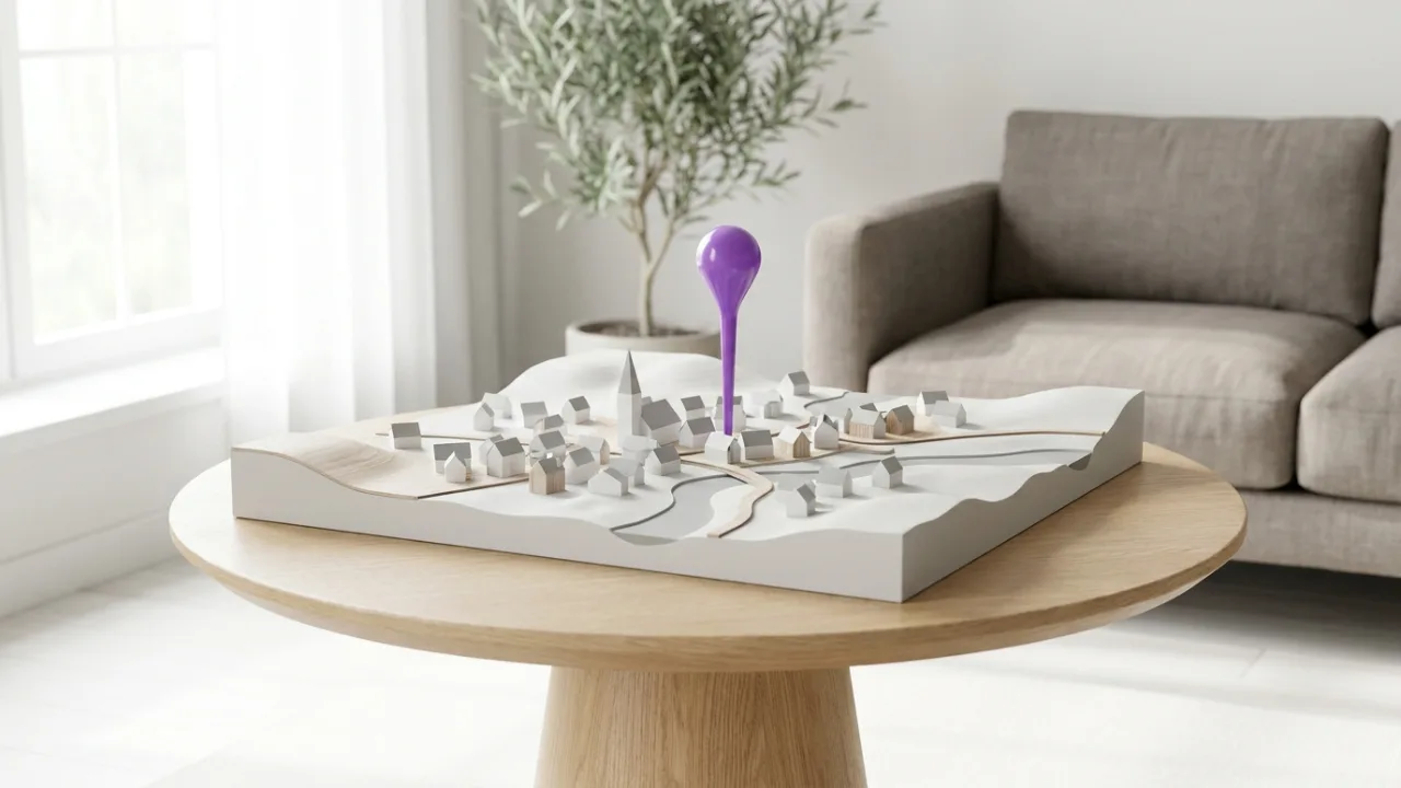 Stilisierte 3D-Karte einer Kleinstadt mit einer lila Markierung, Symbol für Sichtbarkeit in KI-Suchen