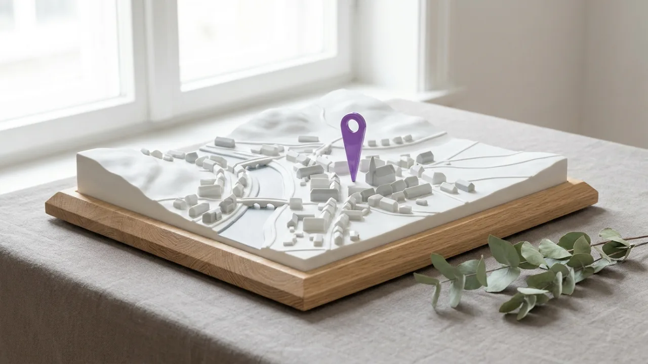 Stilisierte 3D-Karte einer Kleinstadt mit einer lila Markierung, Symbol für Sichtbarkeit in KI-Suchen