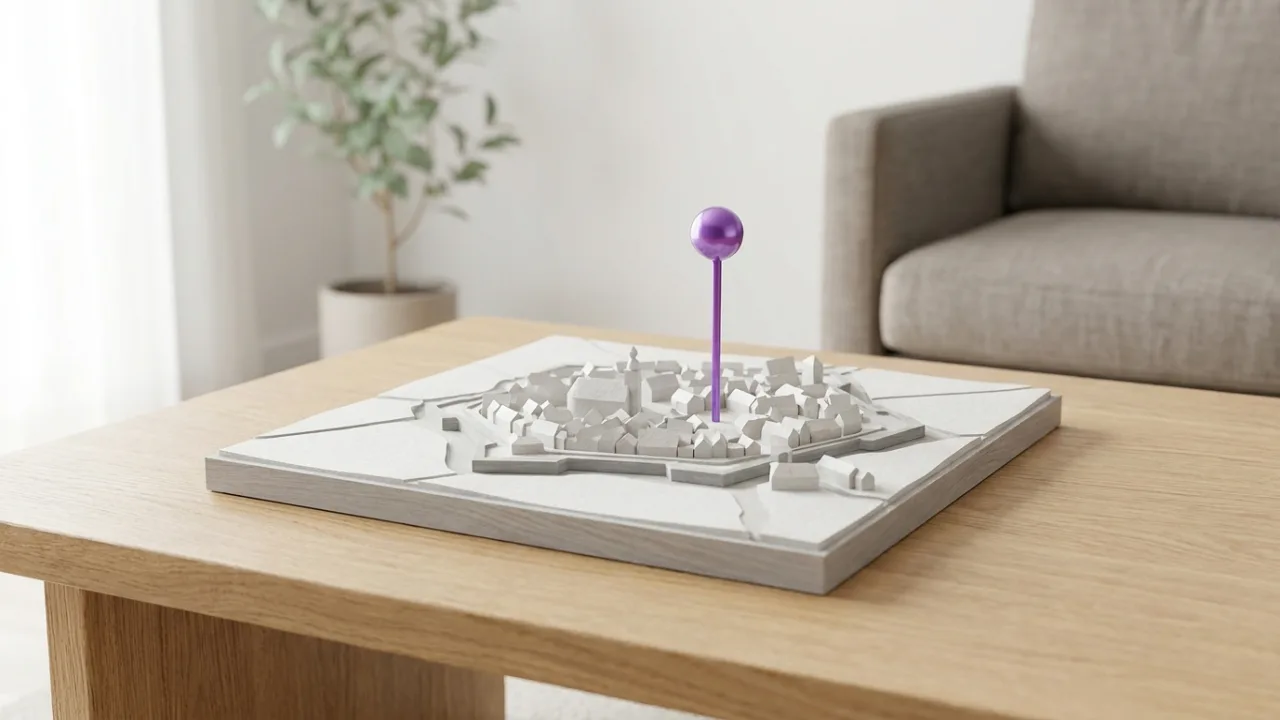 Stilisierte 3D-Karte einer Kleinstadt mit einer lila Markierung, Symbol für Sichtbarkeit in KI-Suchen