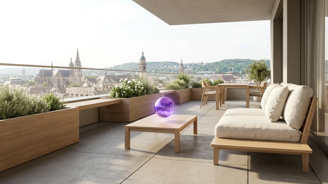 ein Flachdach-Bungalow mit Garten mit schwebendem lila Lichtpunkt, Symbol für KI im Immobilienbüro