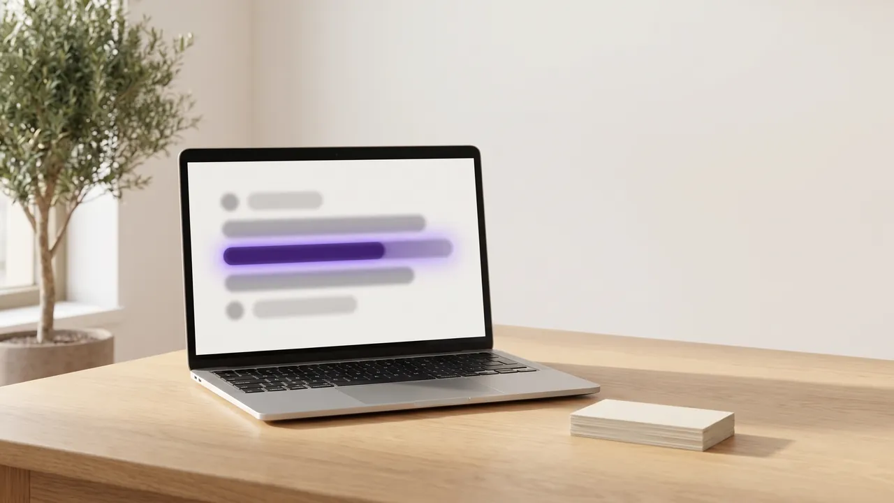Laptop mit einer schematischen Liste und einer lila hervorgehobenen Zeile neben Visitenkarten, Symbol für ein CRM für Handwerker