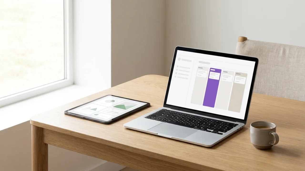 Laptop und Tablet mit abstraktem Dashboard und Pipeline-Ansicht, Symbol für Makler-Software und CRM
