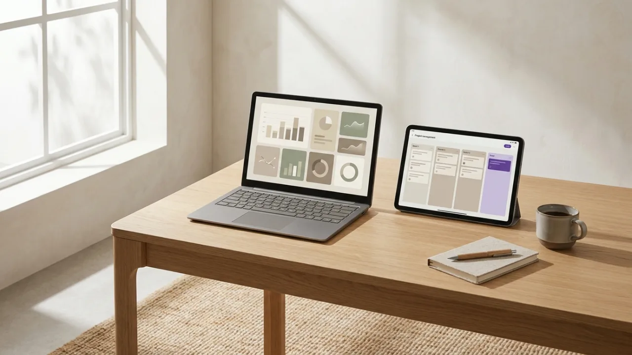 Laptop und Tablet mit abstraktem Dashboard und Pipeline-Ansicht, Symbol für Makler-Software und CRM
