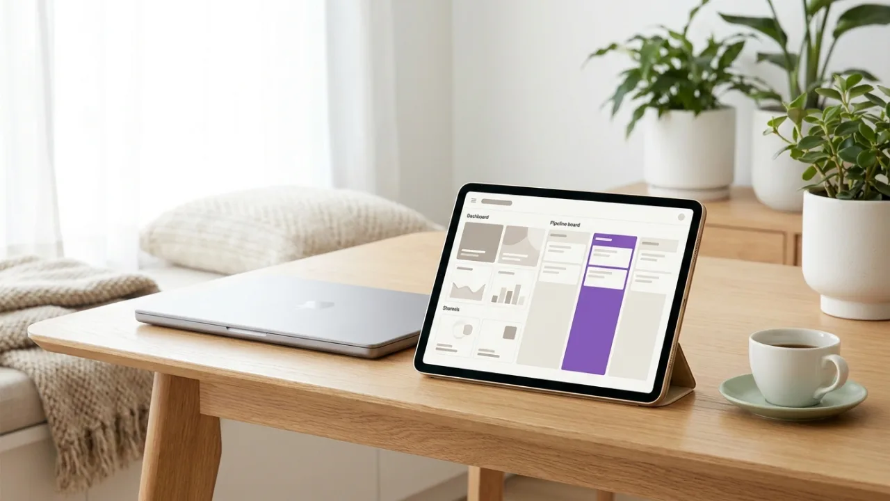 Laptop und Tablet mit abstraktem Dashboard und Pipeline-Ansicht, Symbol für Makler-Software und CRM