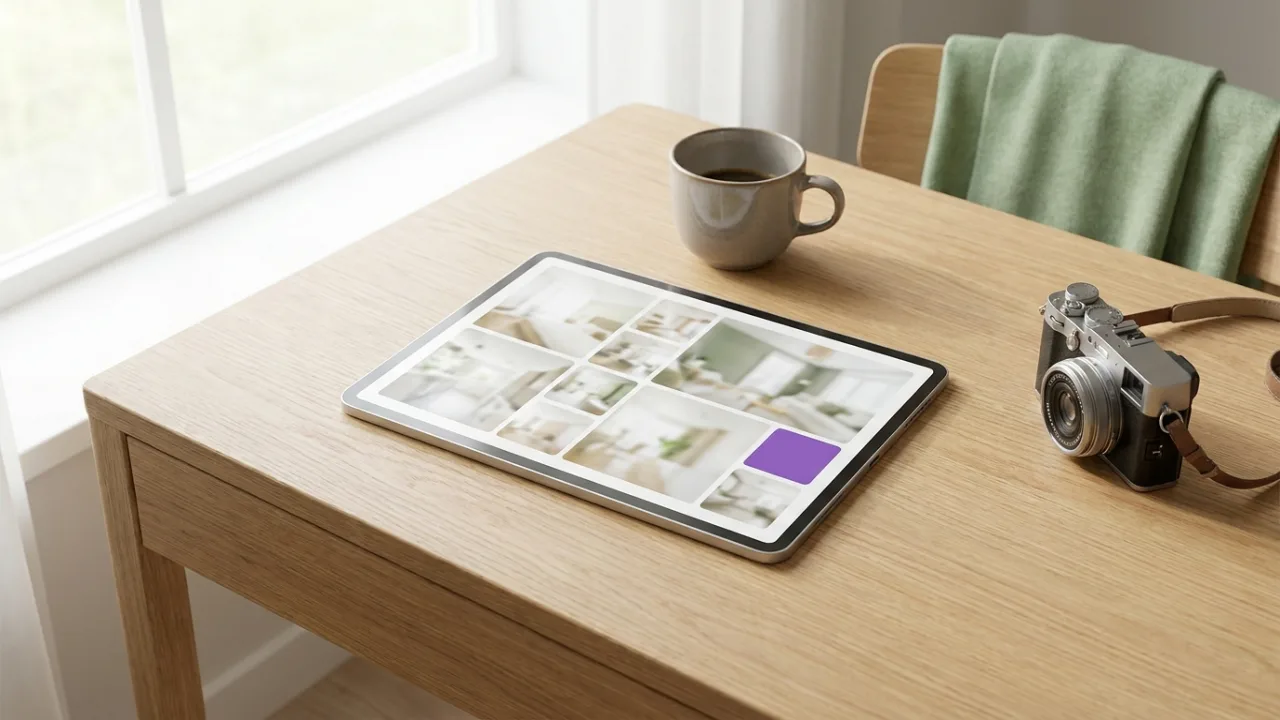Tablet mit Bildraster von Immobilienfotos, Kamera und Kaffee, Symbol für Immobilienmarketing
