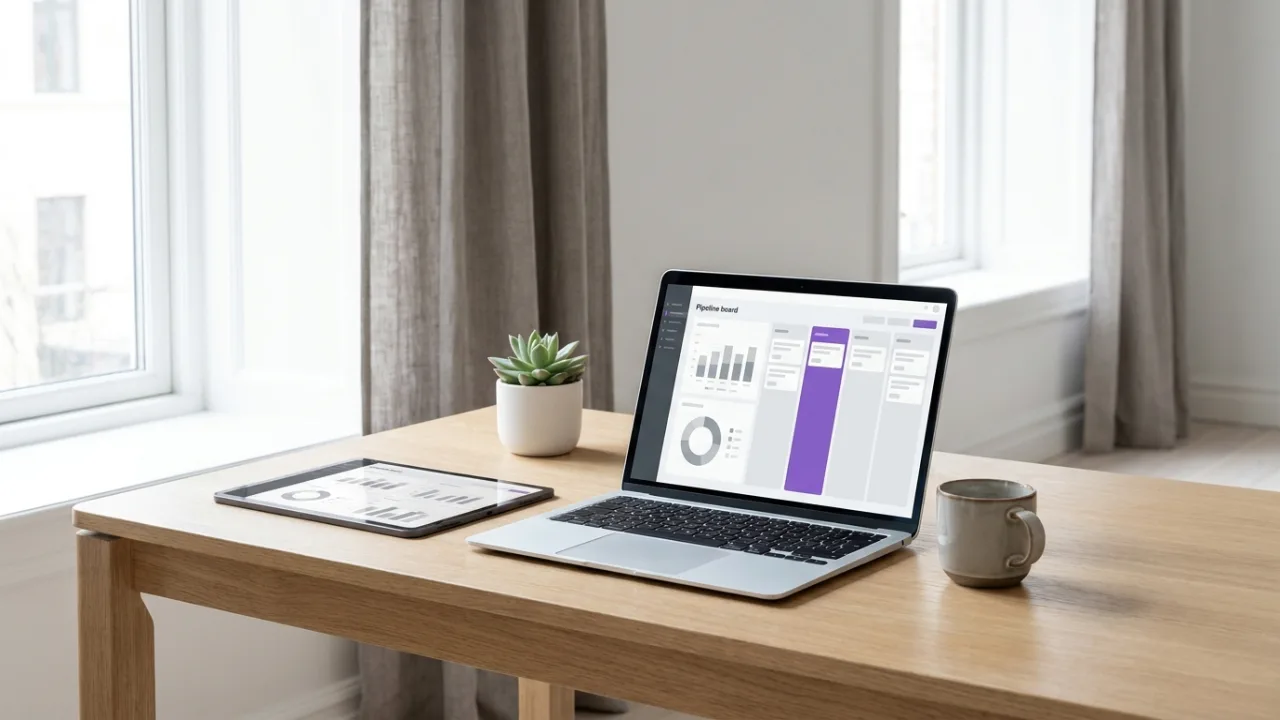 Laptop und Tablet mit abstraktem Dashboard und Pipeline-Ansicht, Symbol für Makler-Software und CRM