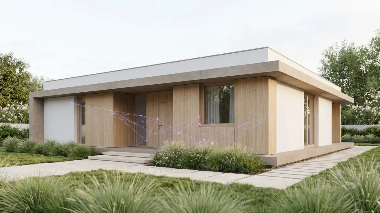 Modernes Haus mit schwebendem Netzwerk aus Linien und Knoten, Symbol für die Digitalisierung der Immobilienbranche