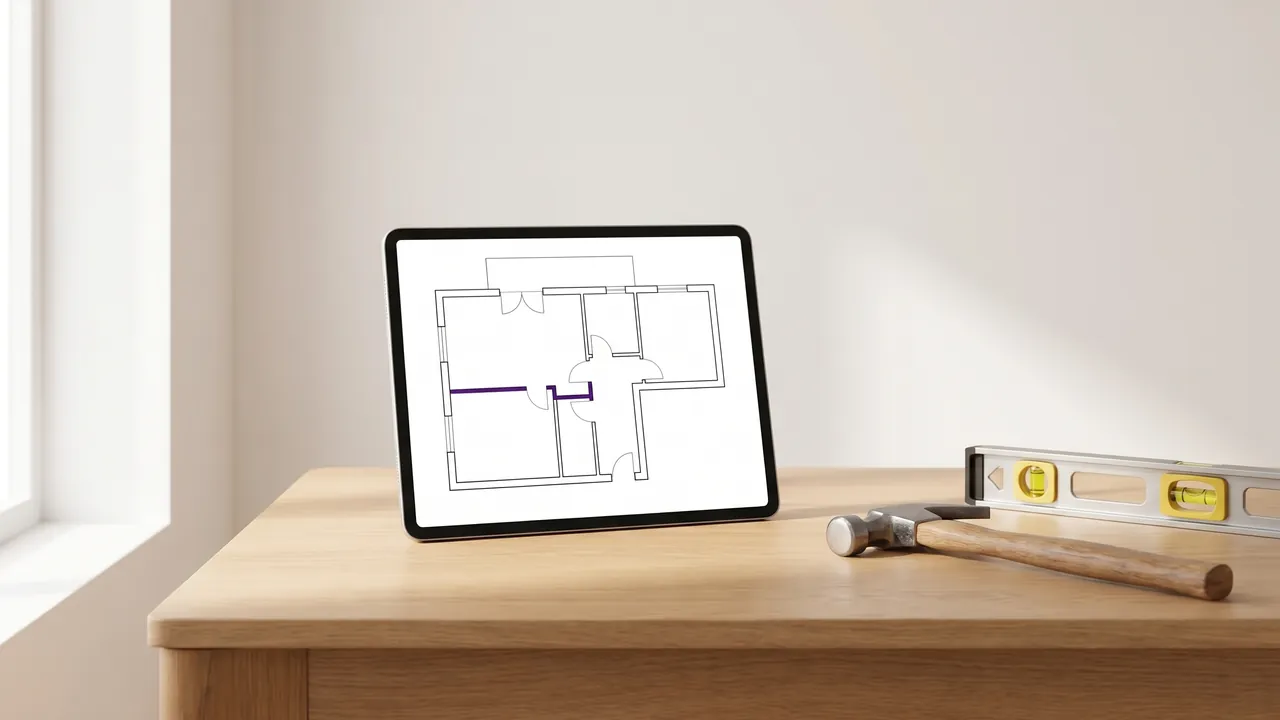 Tablet mit einem Grundriss neben Hammer und Wasserwaage auf einem Holztisch, Symbol für die Digitalisierung im Handwerk