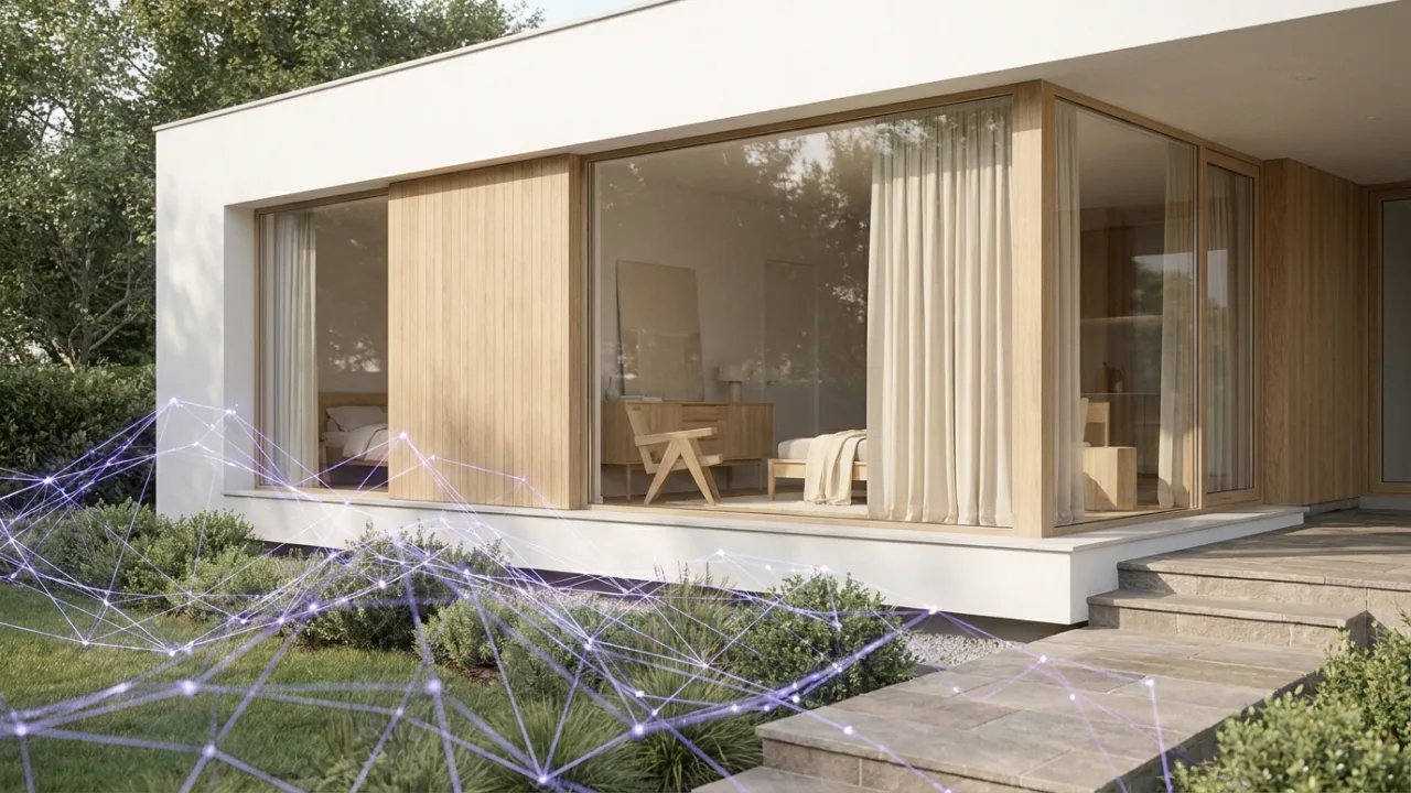 Modernes Haus mit schwebendem Netzwerk aus Linien und Knoten, Symbol für die Digitalisierung der Immobilienbranche