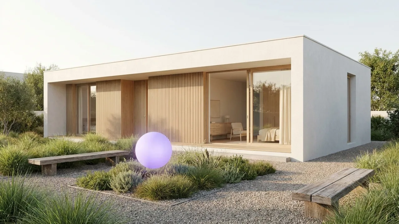 ein Flachdach-Bungalow mit Garten mit schwebendem lila Lichtpunkt, Symbol für KI im Immobilienbüro
