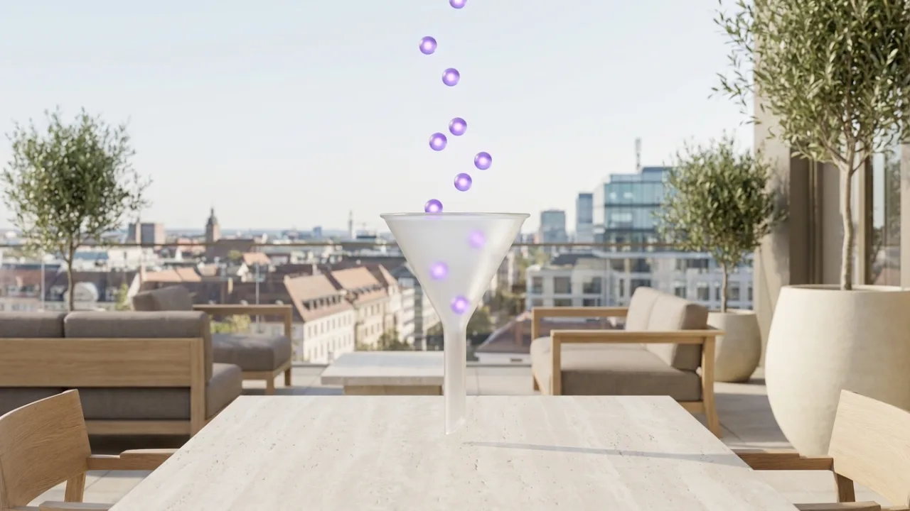 Trichter aus Milchglas, in den lila Lichtpunkte fallen, Symbol für das Gewinnen von Immobilieneigentümern über das Internet