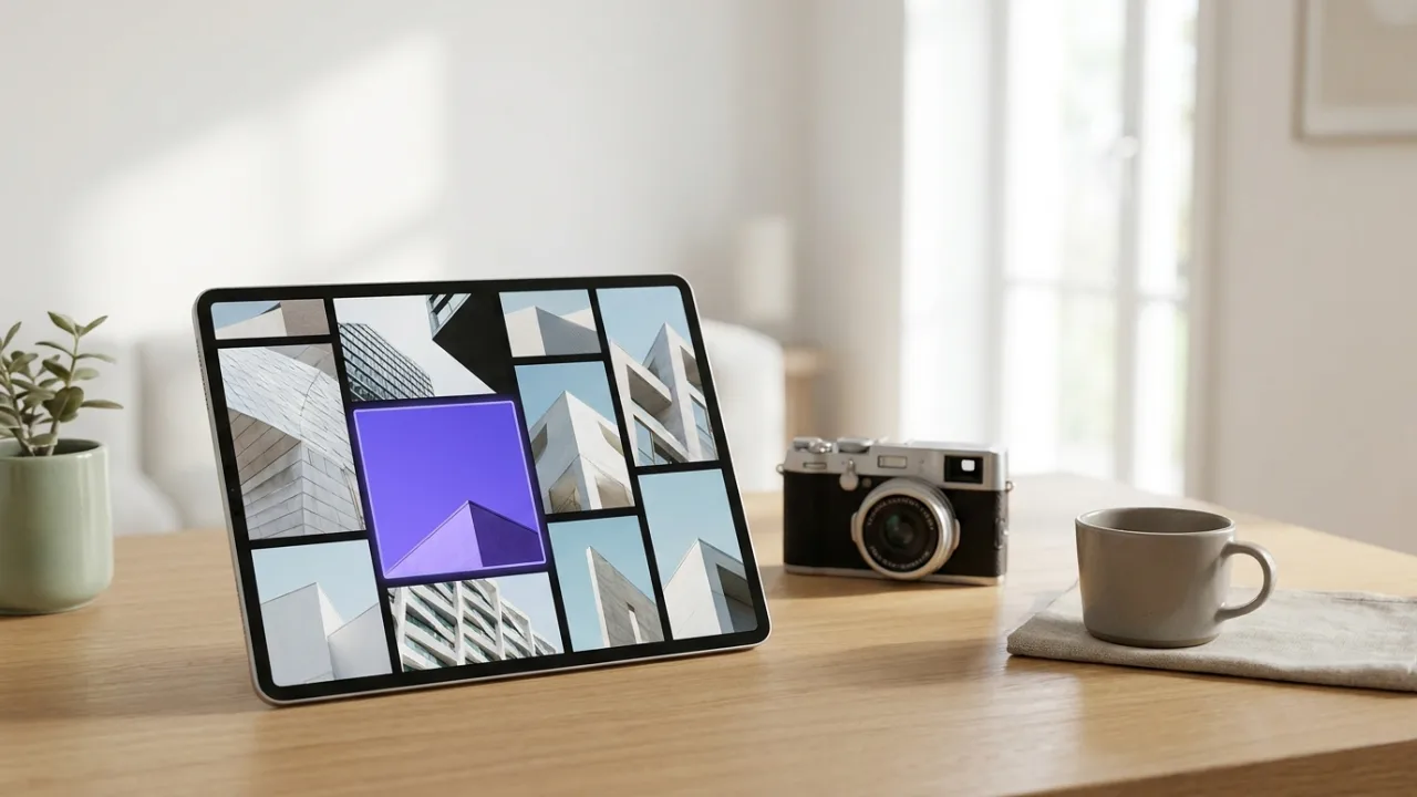 Tablet mit Bildraster von Immobilienfotos, Kamera und Kaffee, Symbol für Immobilienmarketing