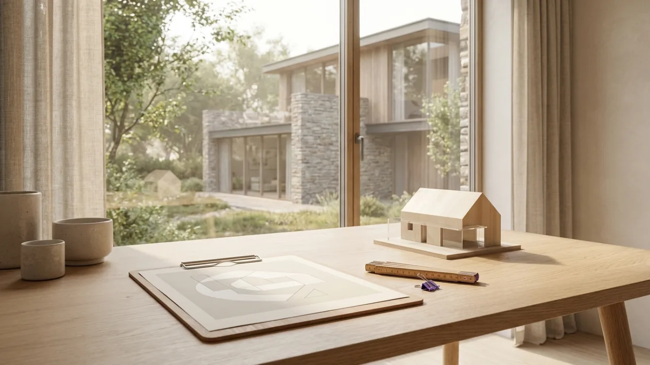 Klemmbrett mit Diagramm, Maßband und Modellhaus auf einem Schreibtisch, Symbol für Immobilienbewertung