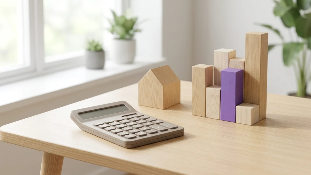 Taschenrechner, Modellhaus und Balkendiagramm, Symbol für Wirtschaftlichkeit im Maklerbüro