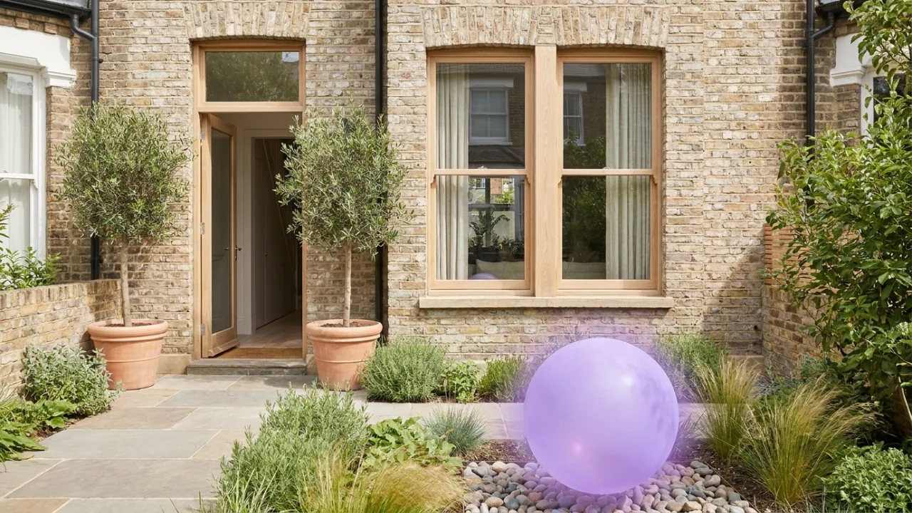 ein modernes weißes Einfamilienhaus mit schwebendem lila Lichtpunkt, Symbol für KI im Immobilienbüro