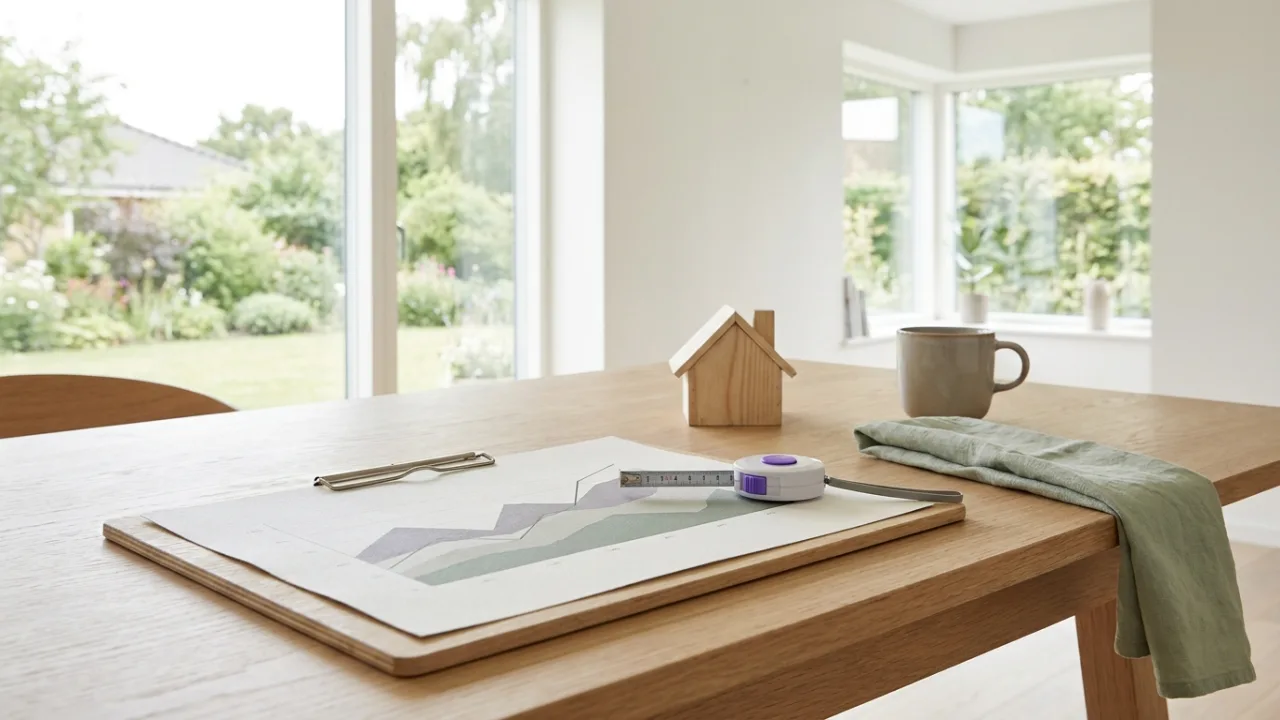 Klemmbrett mit Diagramm, Maßband und Modellhaus auf einem Schreibtisch, Symbol für Immobilienbewertung