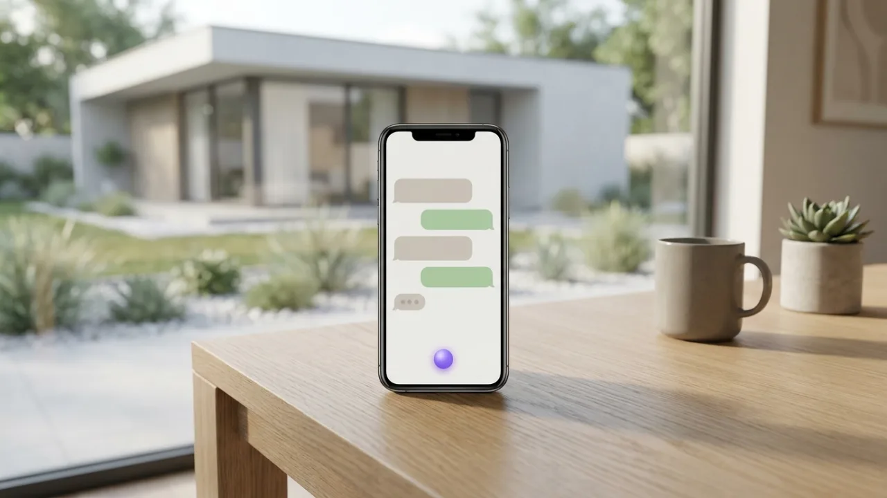 Smartphone mit KI-Chat auf einem Schreibtisch, im Hintergrund unscharf ein Flachdach-Bungalow mit Garten