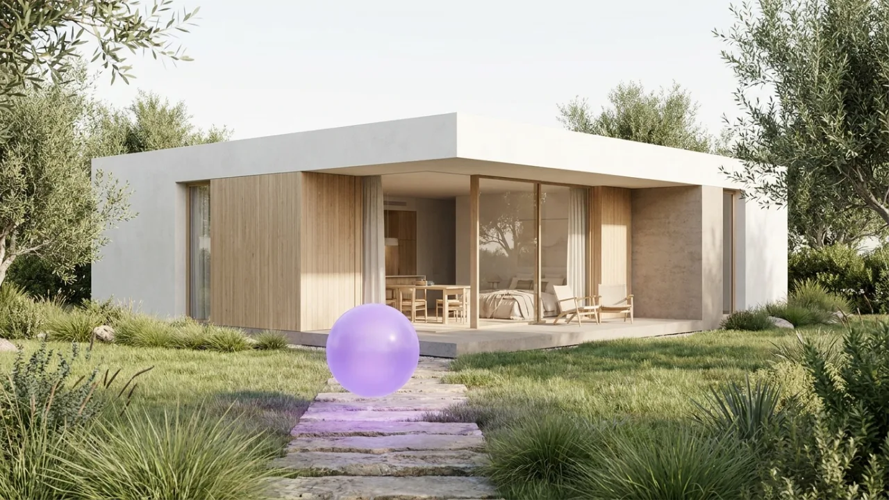 ein saniertes Altbau-Mehrfamilienhaus mit schwebendem lila Lichtpunkt, Symbol für KI im Immobilienbüro