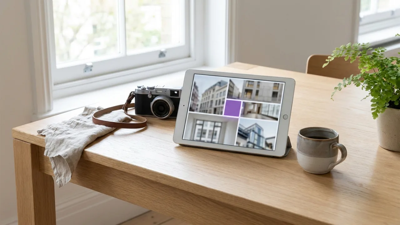 Tablet mit Bildraster von Immobilienfotos, Kamera und Kaffee, Symbol für Immobilienmarketing
