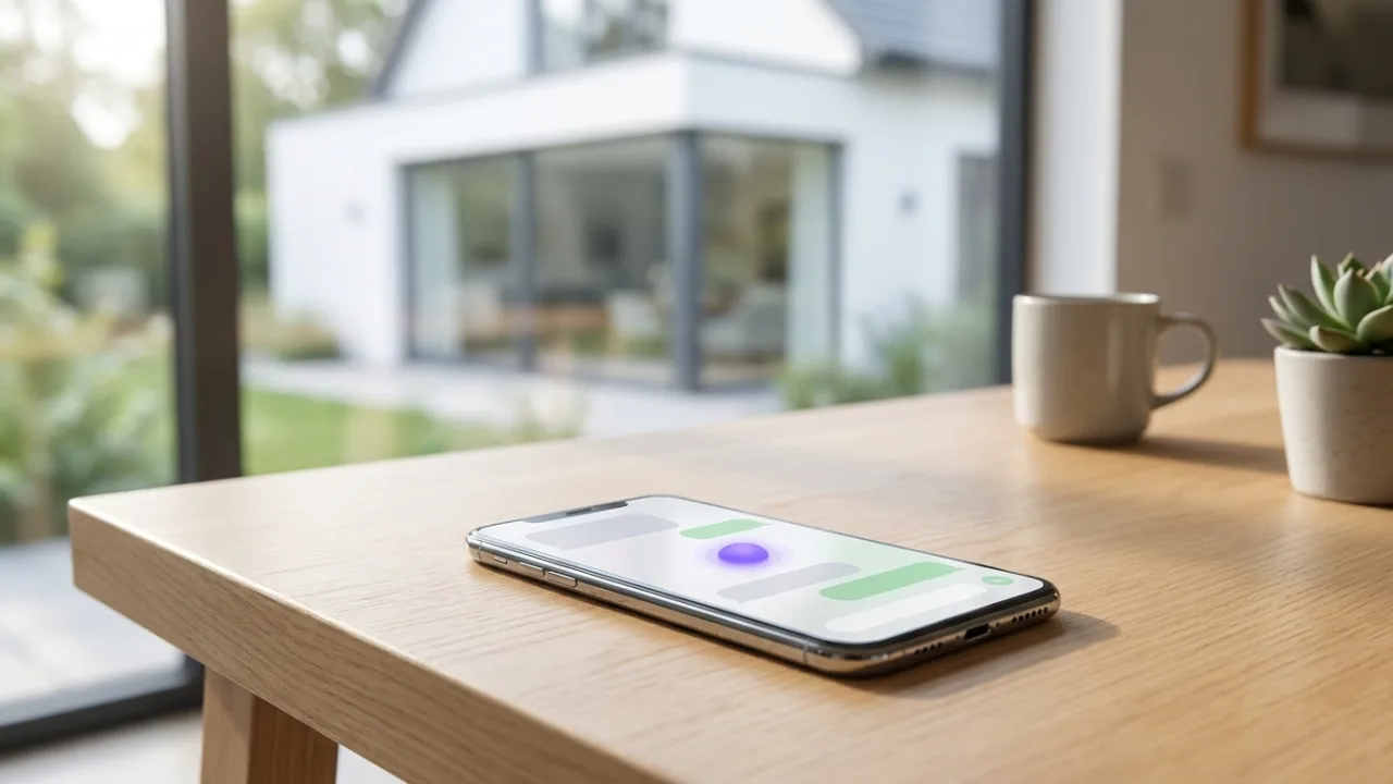 Smartphone mit KI-Chat auf einem Schreibtisch, im Hintergrund unscharf ein modernes weißes Einfamilienhaus