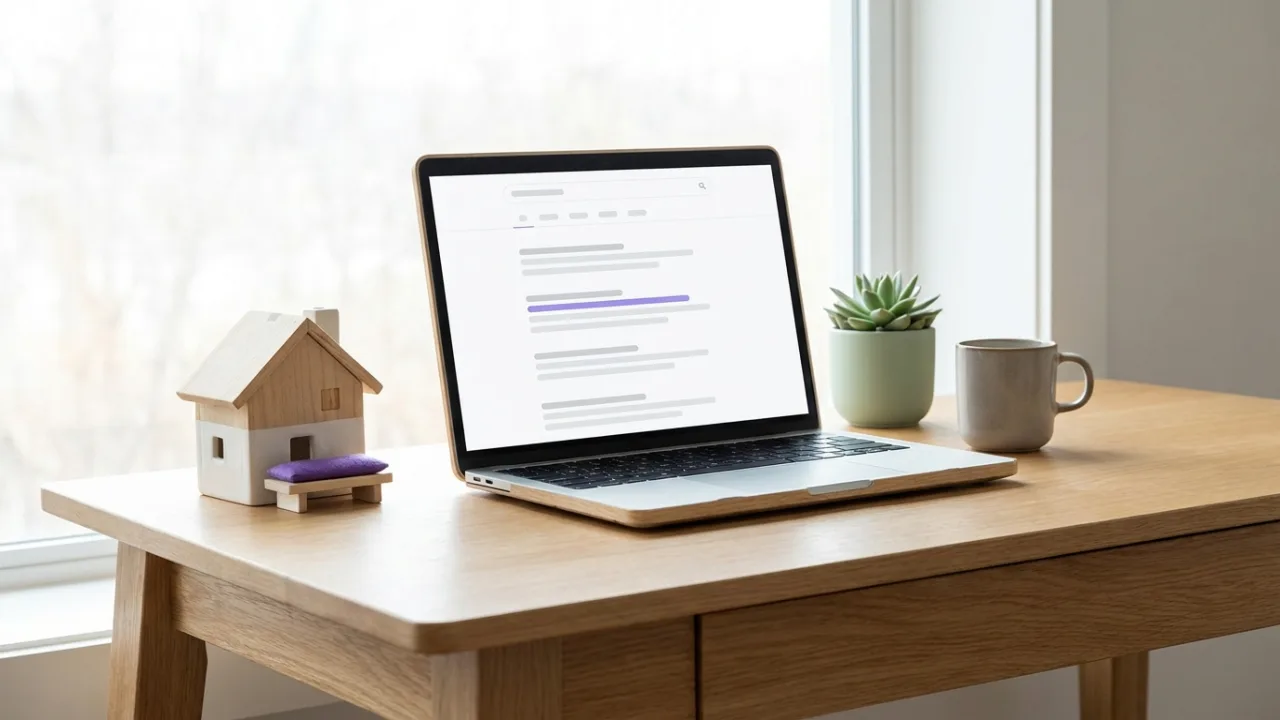 Laptop mit abstrakter Suchergebnisseite und hervorgehobenem Treffer, daneben ein Modellhaus, Symbol für SEO für Immobilienmakler