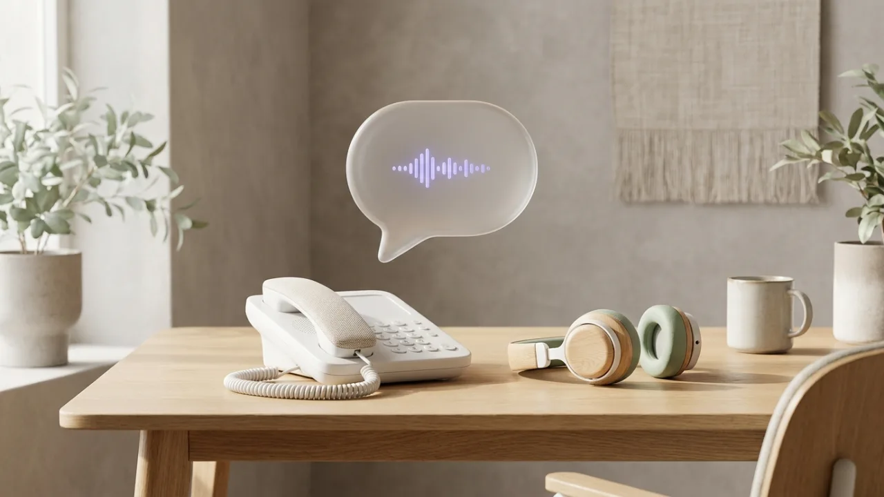 Telefon und Headset auf einem Schreibtisch mit schwebender Sprechblase, Symbol für KI-Telefonassistenz