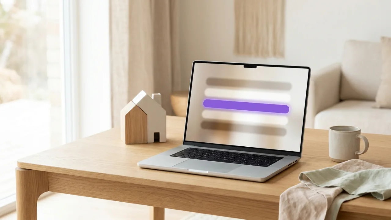 Laptop mit abstrakter Suchergebnisseite und hervorgehobenem Treffer, daneben ein Modellhaus, Symbol für SEO für Immobilienmakler