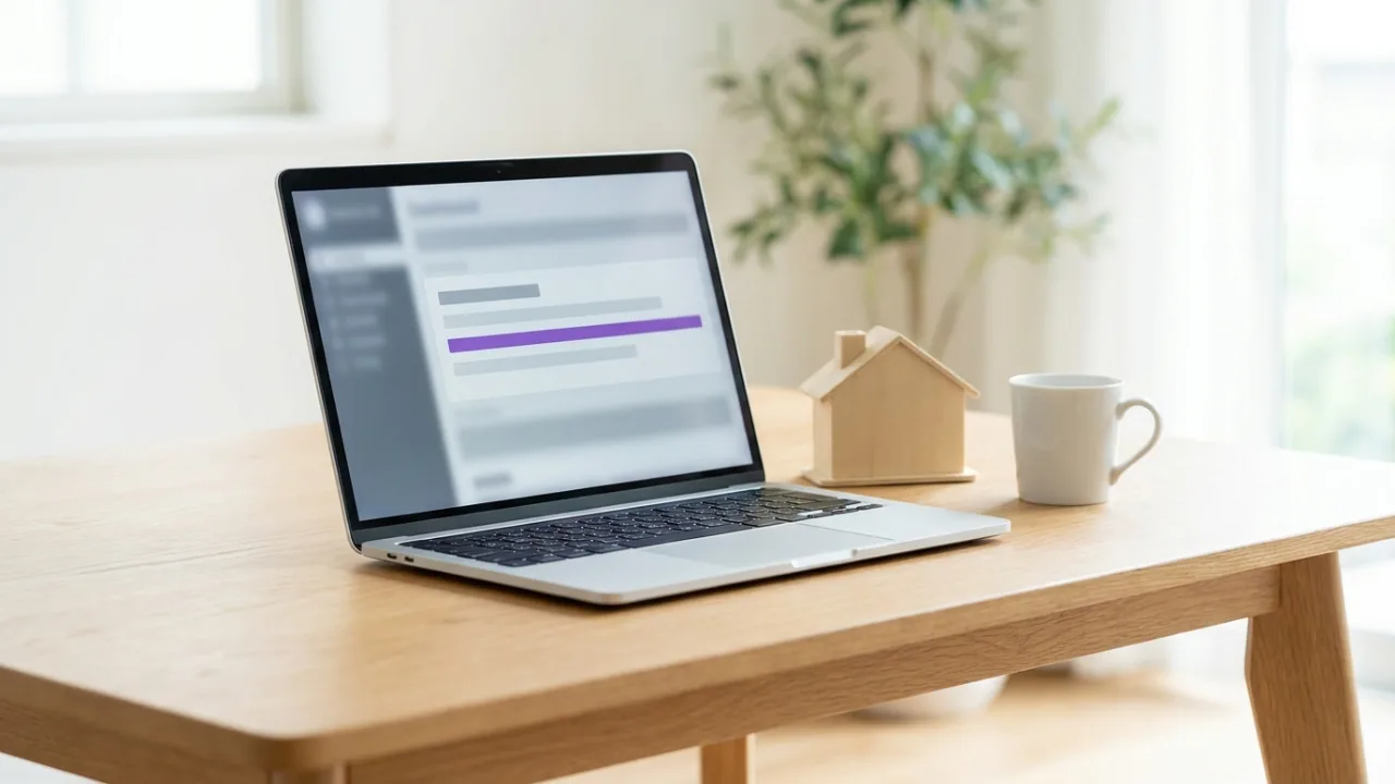 Laptop mit abstrakter Suchergebnisseite und hervorgehobenem Treffer, daneben ein Modellhaus, Symbol für SEO für Immobilienmakler