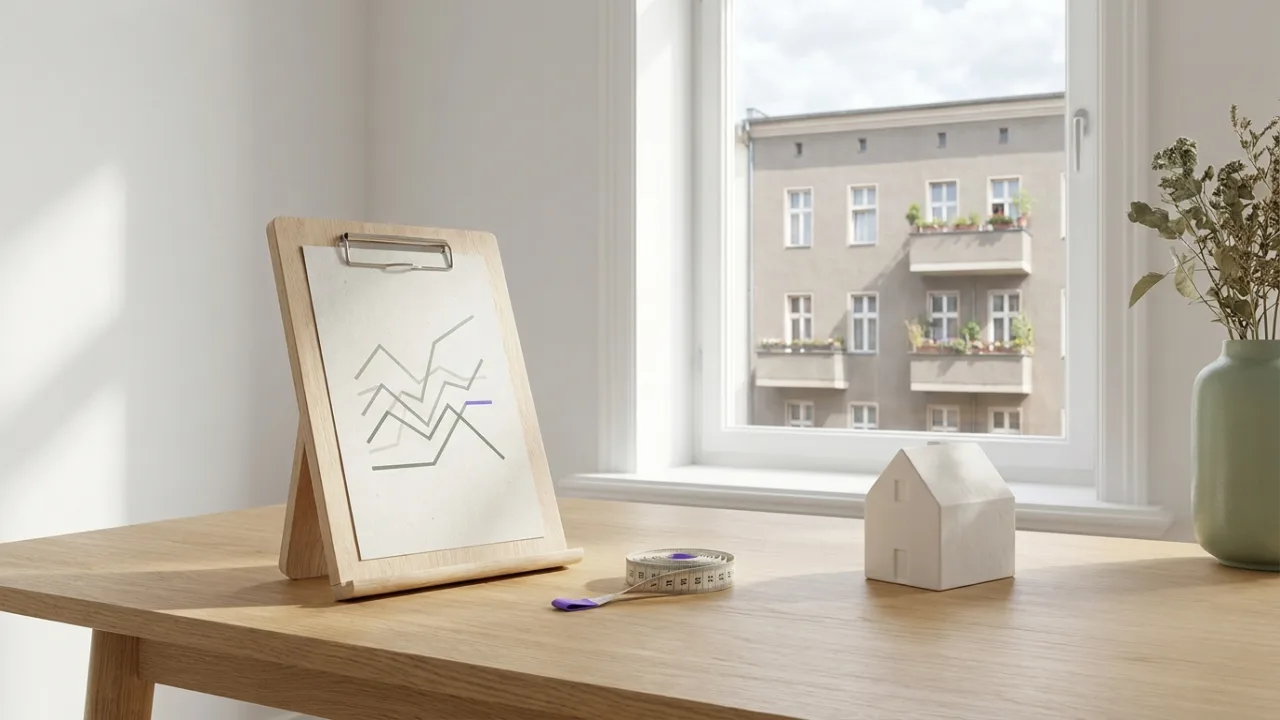 Klemmbrett mit Diagramm, Maßband und Modellhaus auf einem Schreibtisch, Symbol für Immobilienbewertung