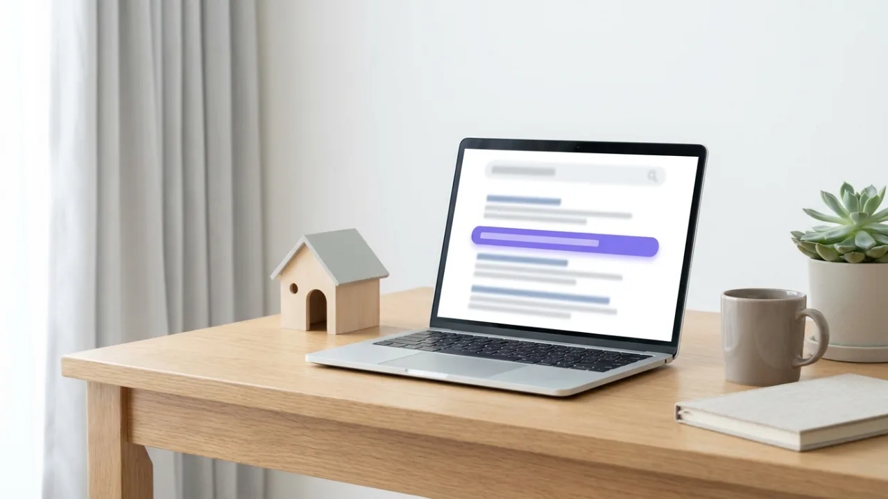 Laptop mit abstrakter Suchergebnisseite und hervorgehobenem Treffer, daneben ein Modellhaus, Symbol für SEO für Immobilienmakler