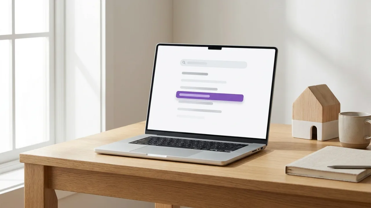 Laptop mit abstrakter Suchergebnisseite und hervorgehobenem Treffer, daneben ein Modellhaus, Symbol für SEO für Immobilienmakler
