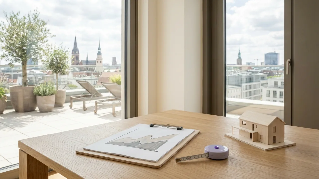 Klemmbrett mit Diagramm, Maßband und Modellhaus auf einem Schreibtisch, Symbol für Immobilienbewertung