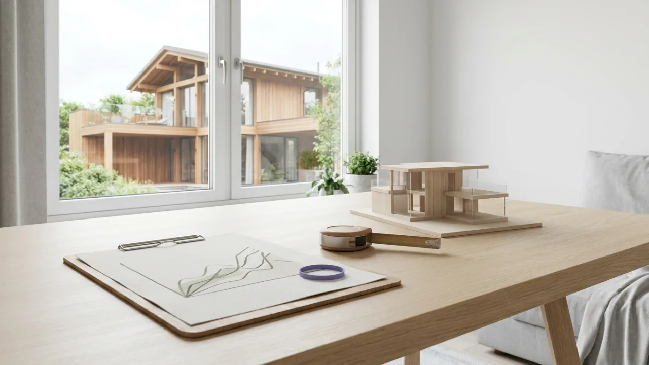 Klemmbrett mit Diagramm, Maßband und Modellhaus auf einem Schreibtisch, Symbol für Immobilienbewertung